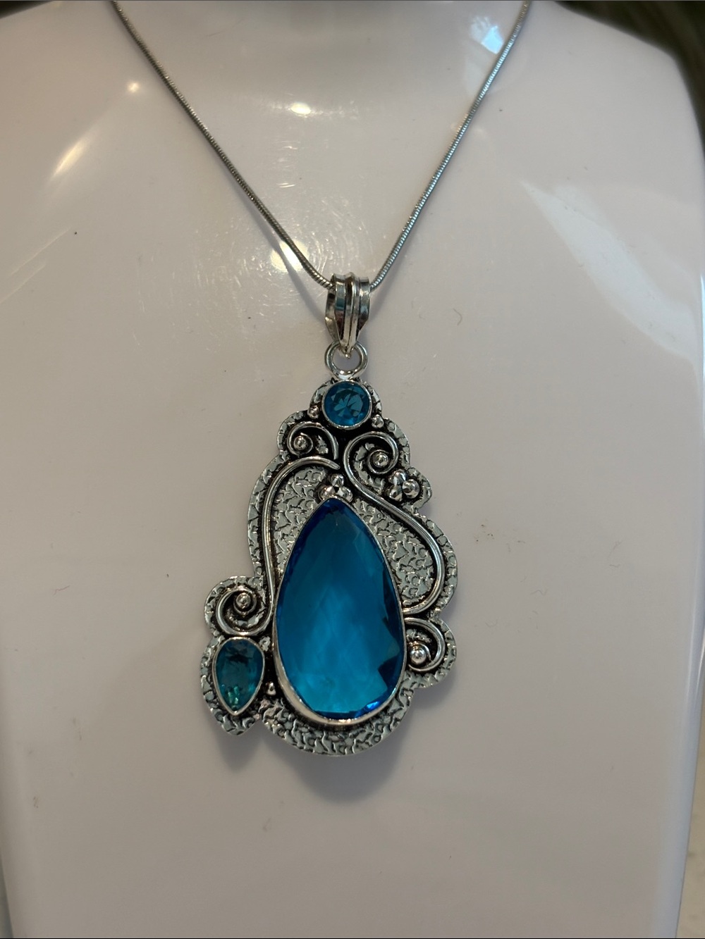Silver Blue Topaz Teardrop Gemstone Pendant Necklace